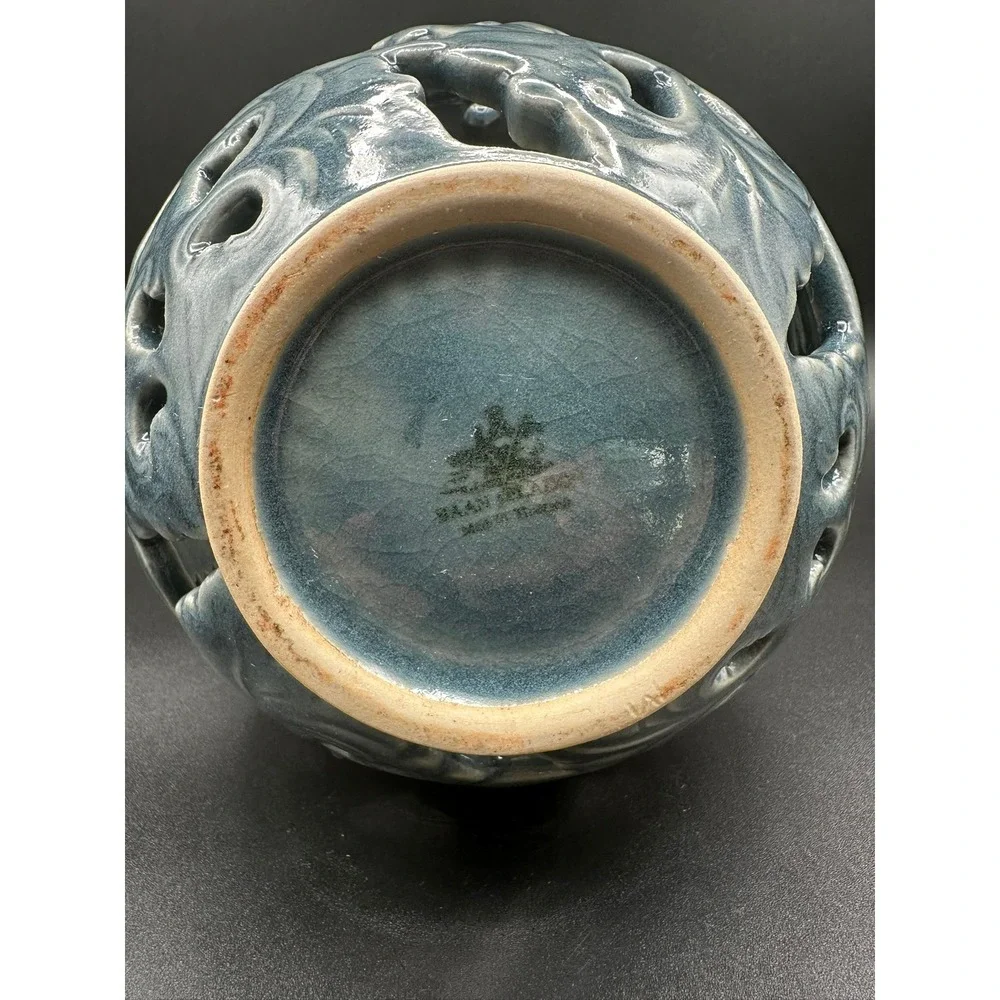 Baan Celadon Blue Ceramic Reticulated Vase Thailand Hand Carved 6x6 Vintage